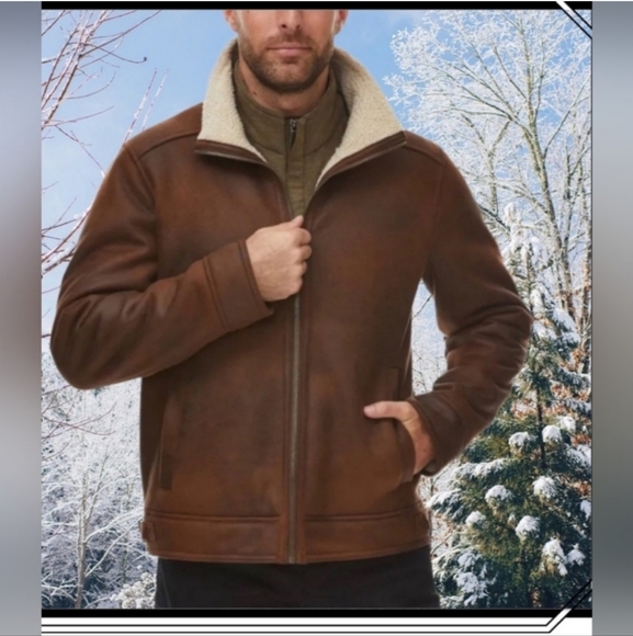 Faux Shearling Lined Leather Aviator Jacket RAINFOREST Color: Brown Size: L - Picture 1 of 8